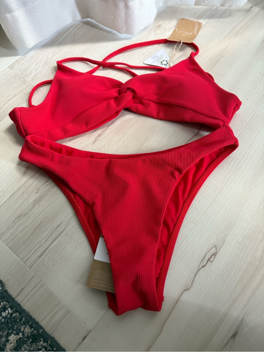 Red Ribbed Twist-Front Bikini Set - Unbranded